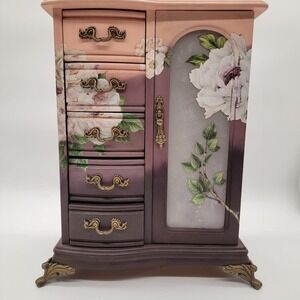 Custom Hand Painted Vintage Wooden Jewelry Box Large Drawers Necklace Carousel